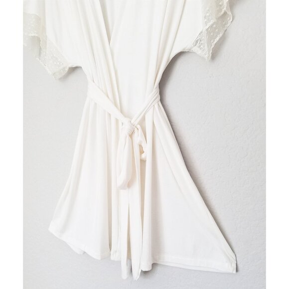 Eberjey Kimono Robe S Ivory Soft Modal Jersey Polka Dot Lace Mesh Inset Wrap Tie - Picture 11 of 15